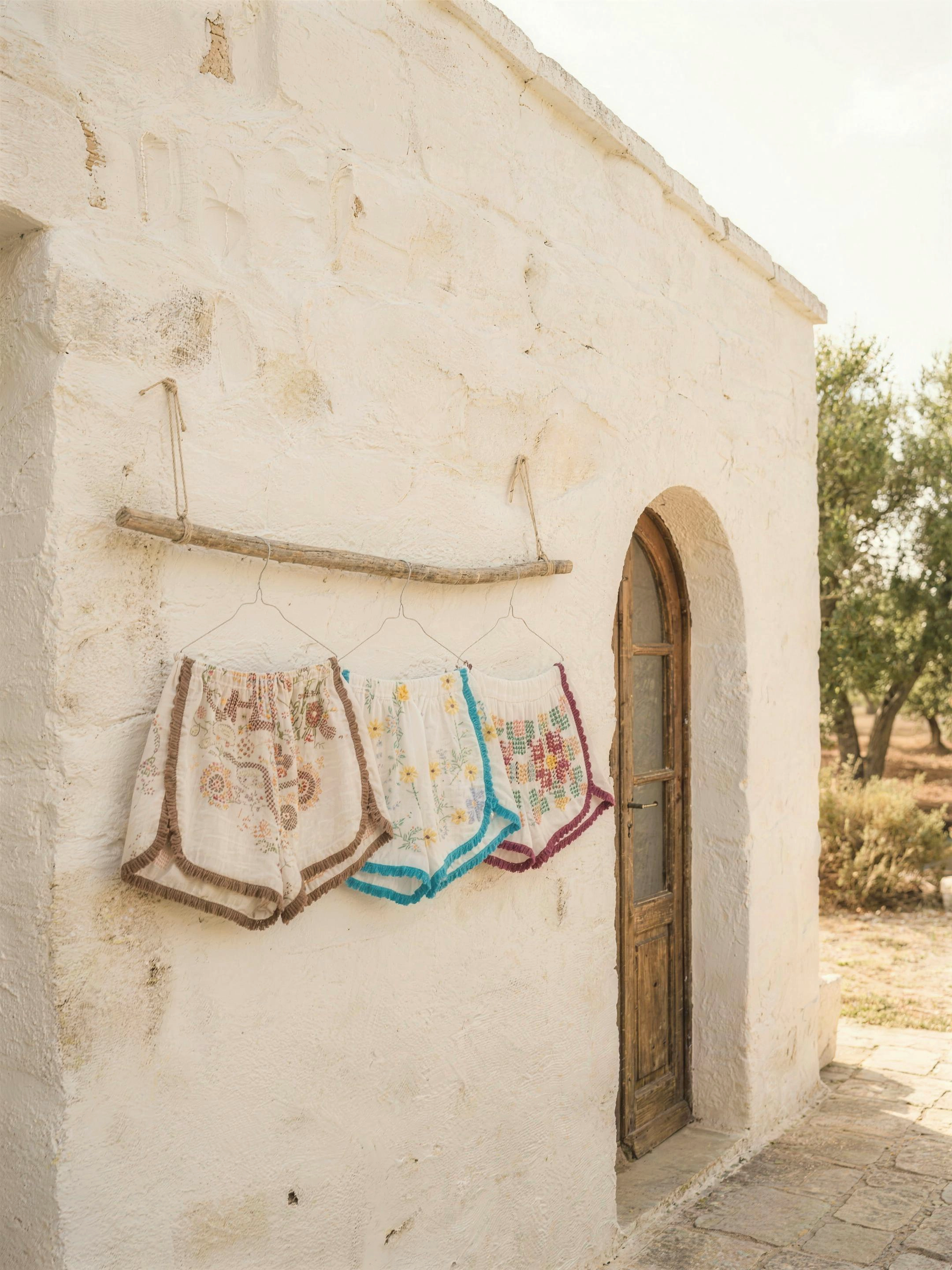 Tre shorts DELAMIA appesi al muro esterno di una lamia in pietra imbiancata a calce, accanto all'ingresso ad arco, tra gli ulivi di Puglia