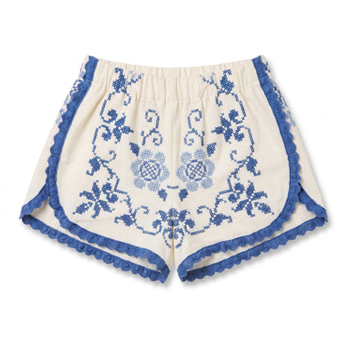 Shorts Adriatico DELAMIA — ricamo a punto croce blu su cotone bianco, vista frontale