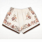 Shorts Cannella DELAMIA — vista posteriore del ricamo terracotta su lino écru