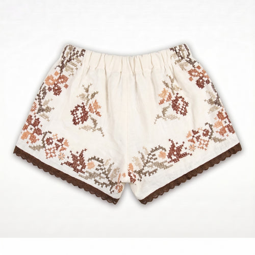 Shorts Cannella DELAMIA — vista posteriore del ricamo terracotta su lino écru