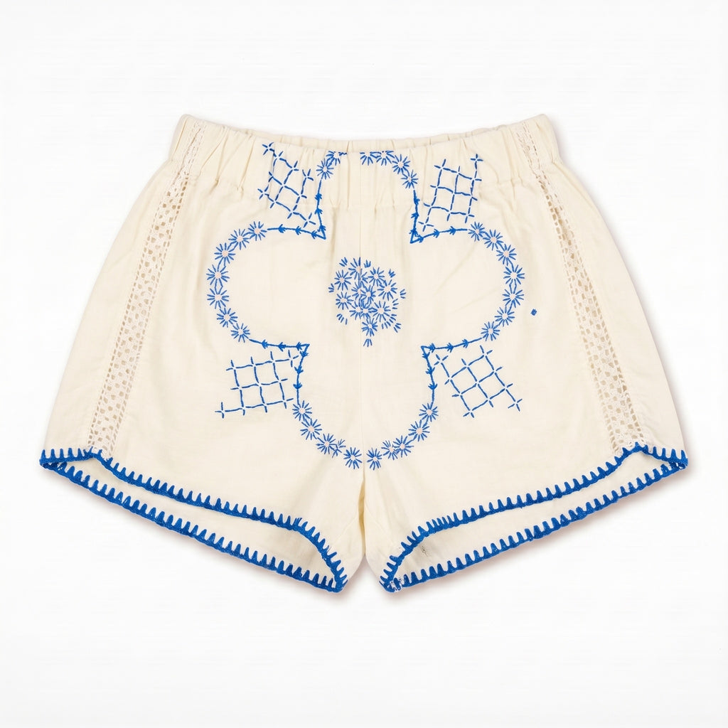 Shorts Cobalto DELAMIA — reticolo geometrico blu cobalto su lino avorio, vista frontale