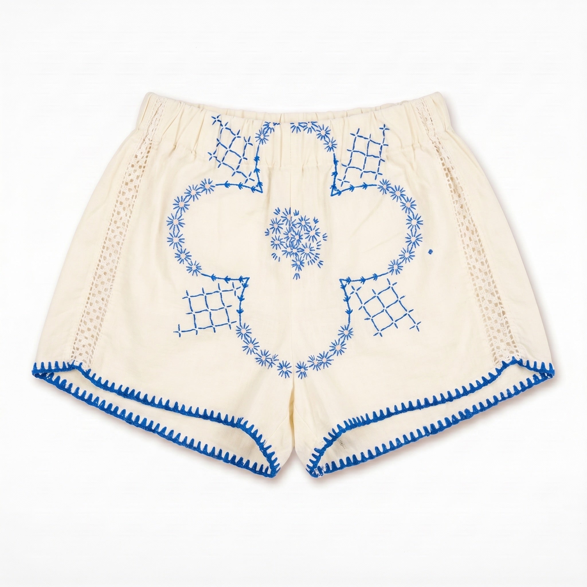 Shorts Cobalto DELAMIA — reticolo geometrico blu cobalto su lino avorio, vista frontale