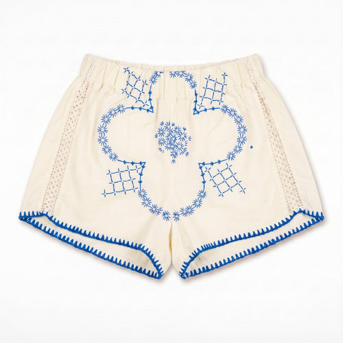 Shorts Cobalto DELAMIA — reticolo geometrico blu cobalto su lino avorio, vista frontale
