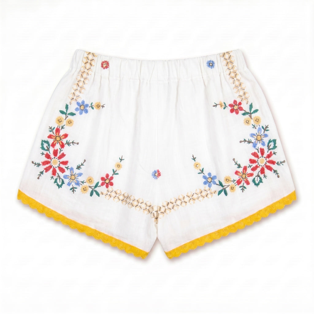 Shorts Estate DELAMIA — vista posteriore della ghirlanda floreale su lino avorio