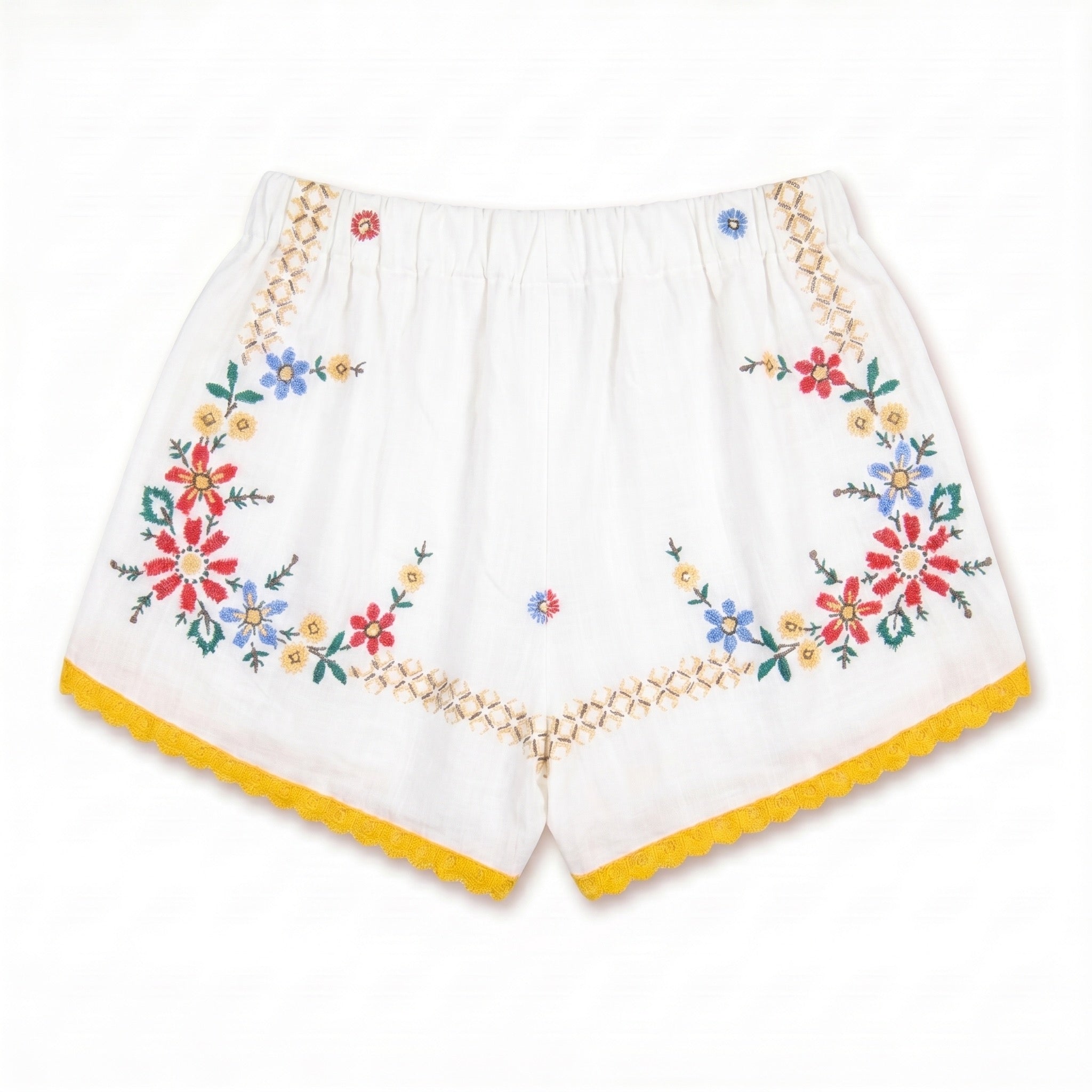 Shorts Estate DELAMIA — vista posteriore della ghirlanda floreale su lino avorio