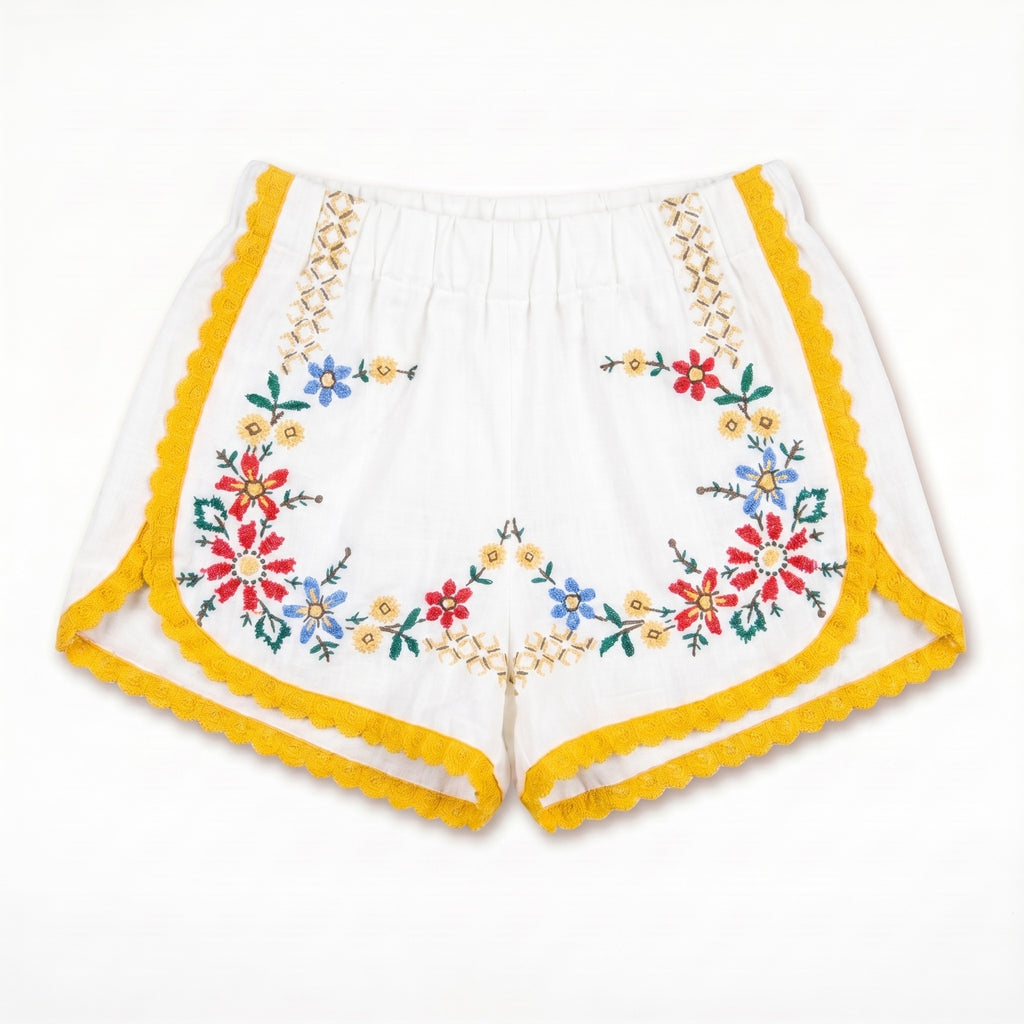 Shorts Estate DELAMIA — ghirlanda floreale multicolore con bordo giallo, vista frontale