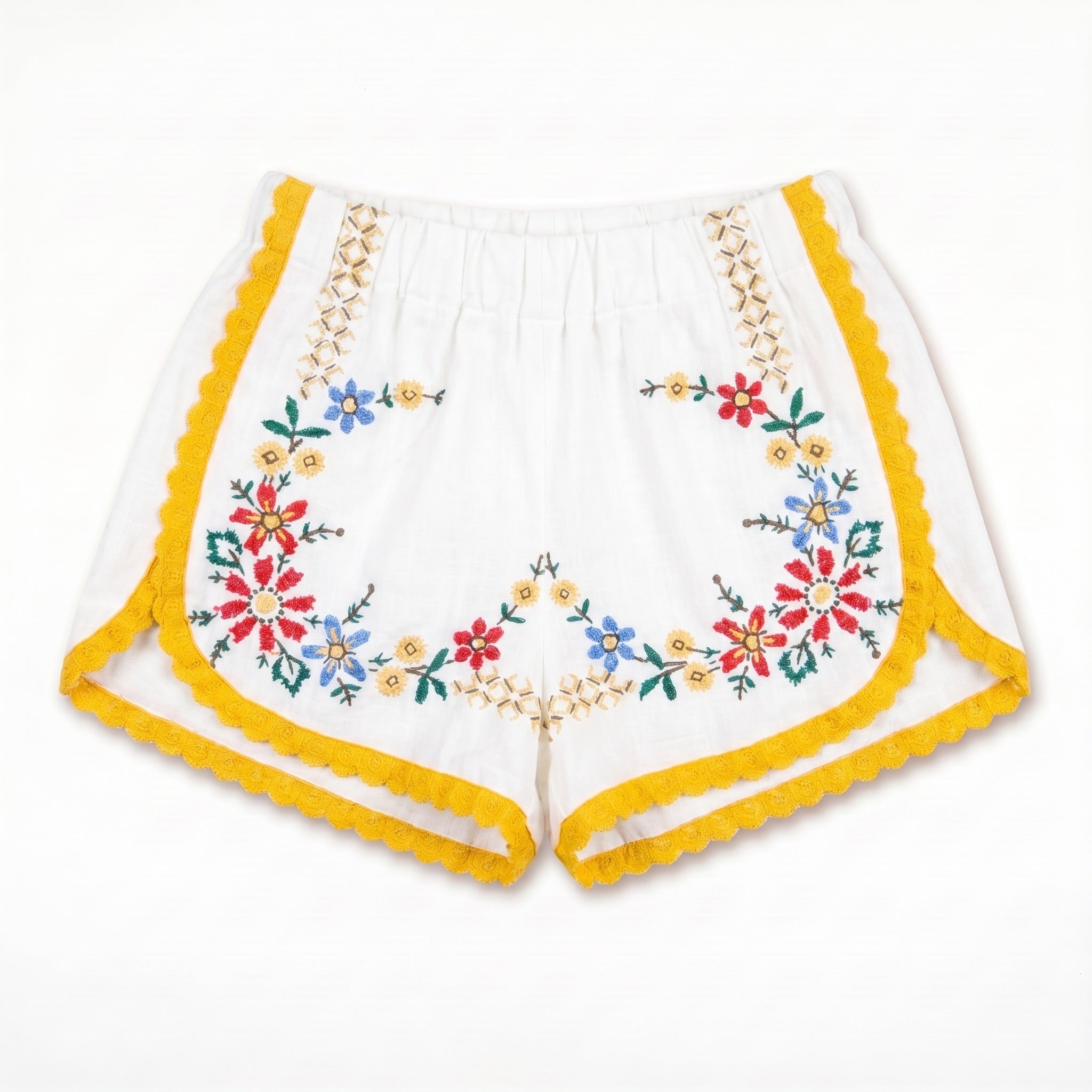 Shorts Estate DELAMIA — ghirlanda floreale multicolore con bordo giallo, vista frontale