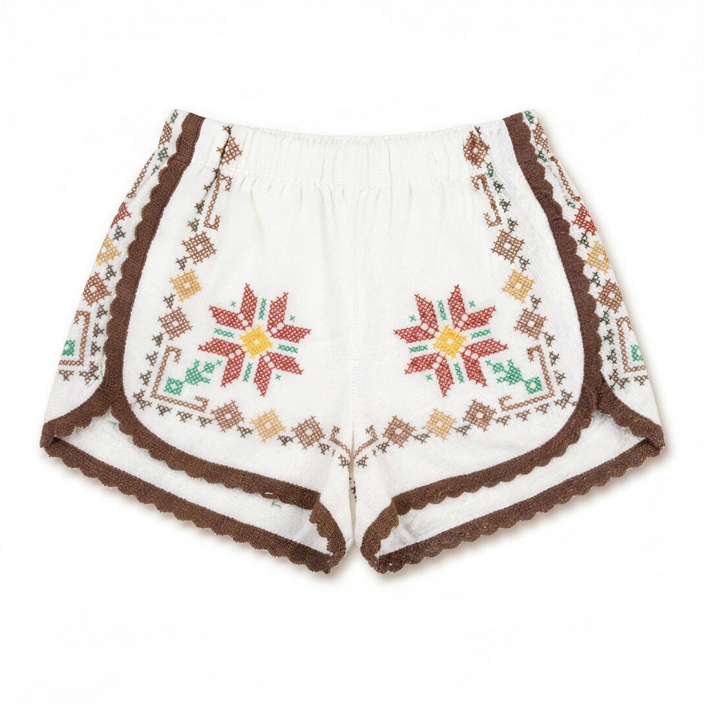 Shorts Luminaria II DELAMIA — ricamo folk multicolore con bordo marrone, vista frontale