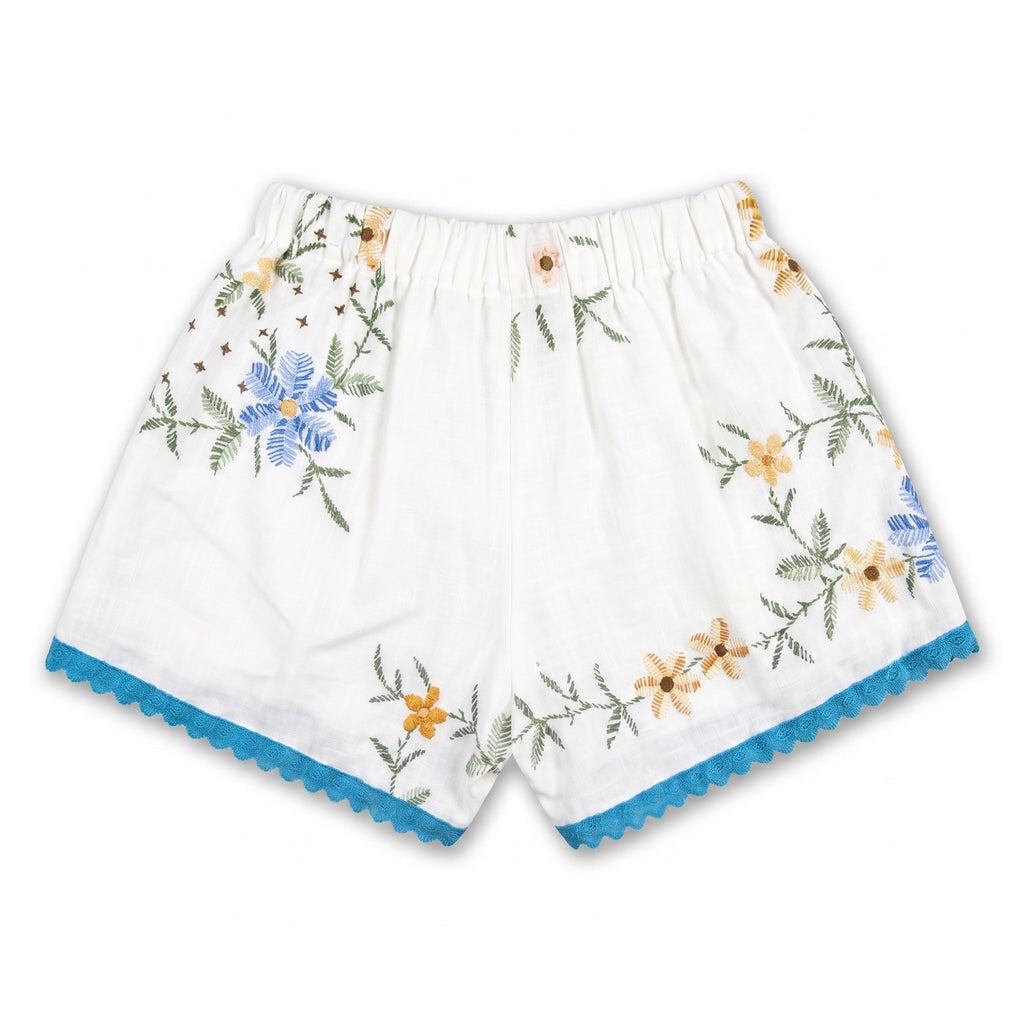Shorts Maiolica DELAMIA — vista posteriore del ricamo azzurro e giallo