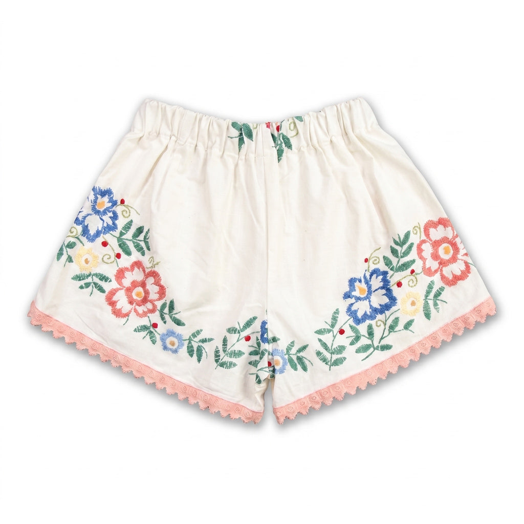 Shorts Rosalia DELAMIA — vista posteriore del bouquet floreale corallo e rosa