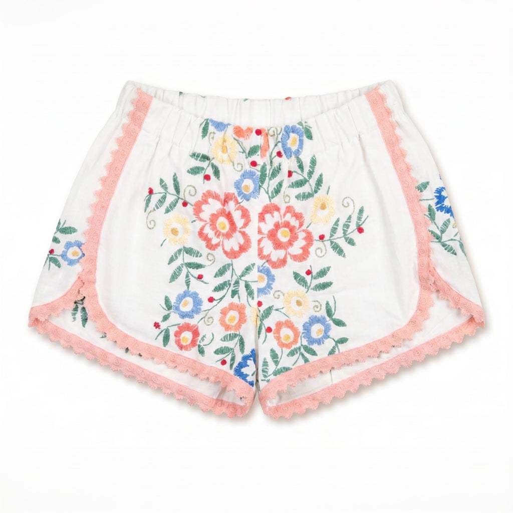 Shorts Rosalia DELAMIA — bouquet floreale corallo e rosa su lino avorio, vista frontale