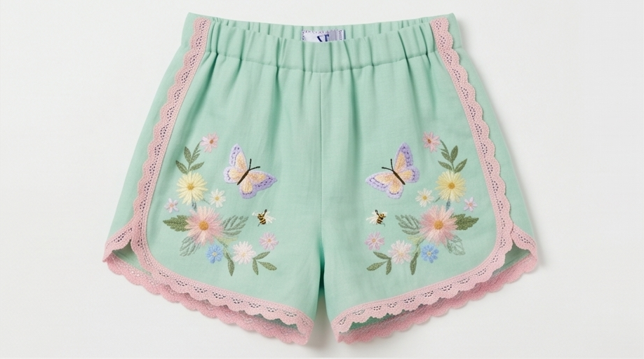 Short donna verde menta con farfalle lilla, margherite e api ricamati a mano e bordo in pizzo rosa cipria — DELAMIA Farfalla