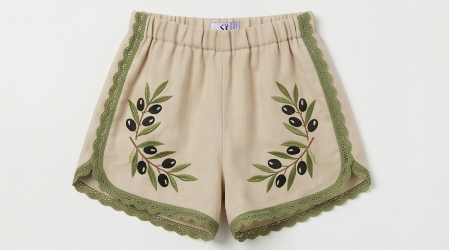 Short donna beige sabbia con rami d'ulivo e olive nere ricamati a mano e bordo in pizzo verde oliva — DELAMIA Ulivo