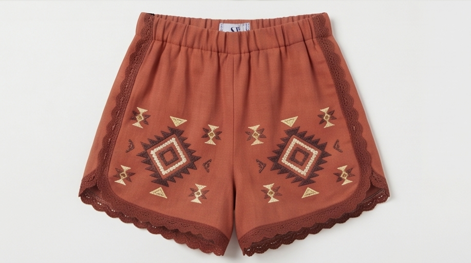 Short donna terracotta con motivi geometrici aztechi ricamati a mano e bordo in pizzo marrone scuro — DELAMIA Azteca