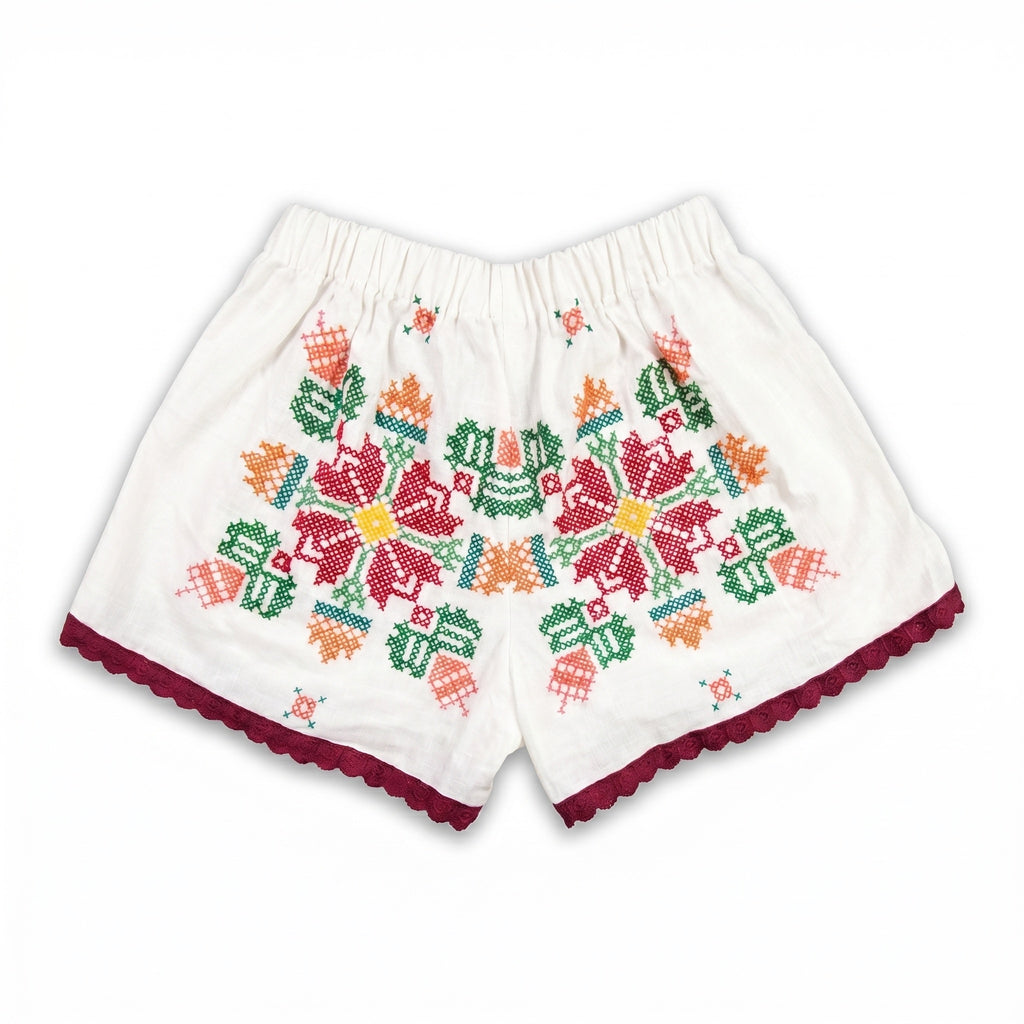 Shorts Luminaria DELAMIA — vista posteriore del ricamo folk multicolore