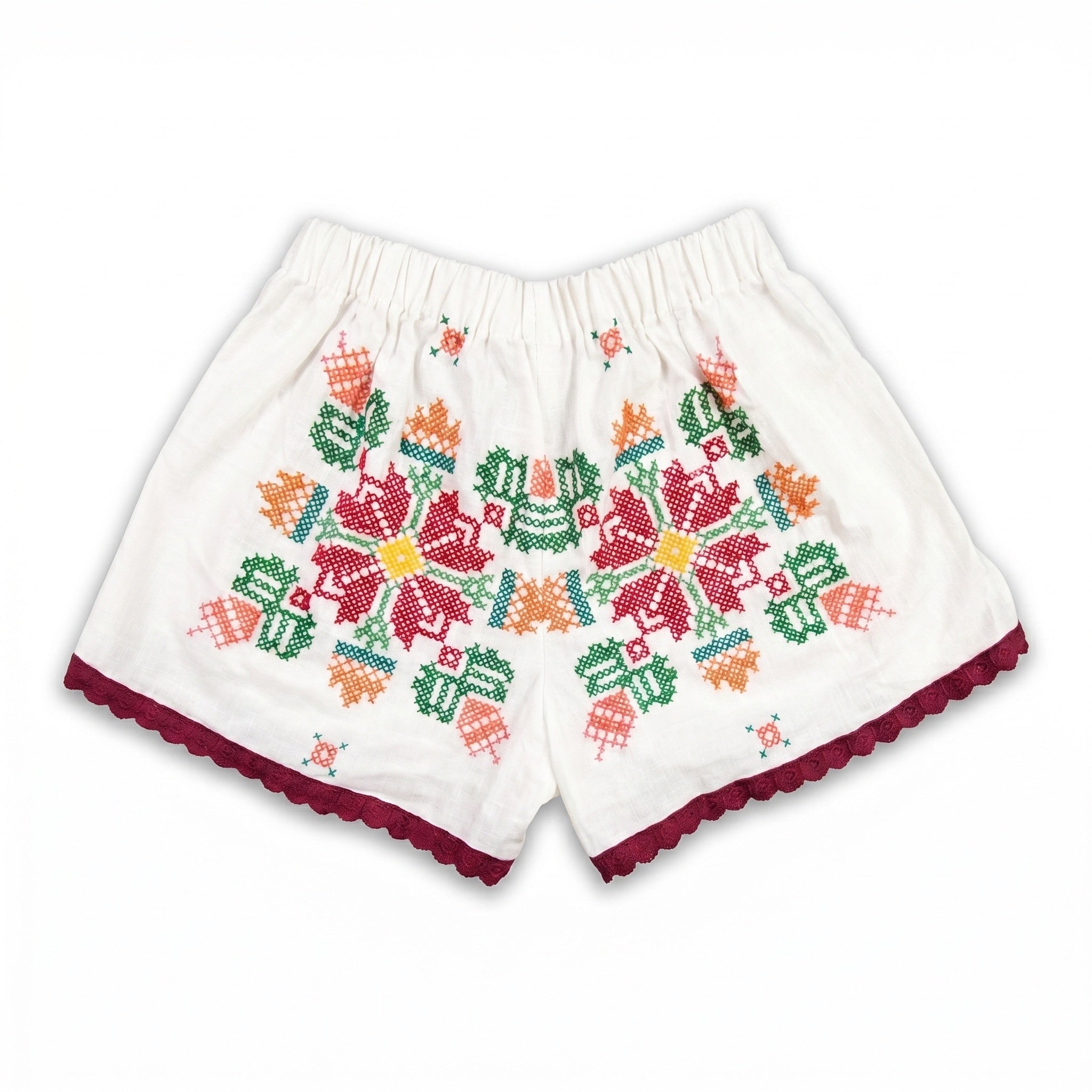 Shorts Tarantella DELAMIA — vista posteriore del ricamo folk multicolore