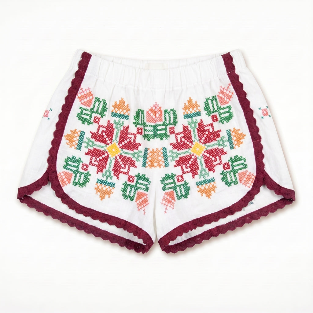 Shorts Luminaria DELAMIA — ricamo folk multicolore con bordo vinaccia, vista frontale