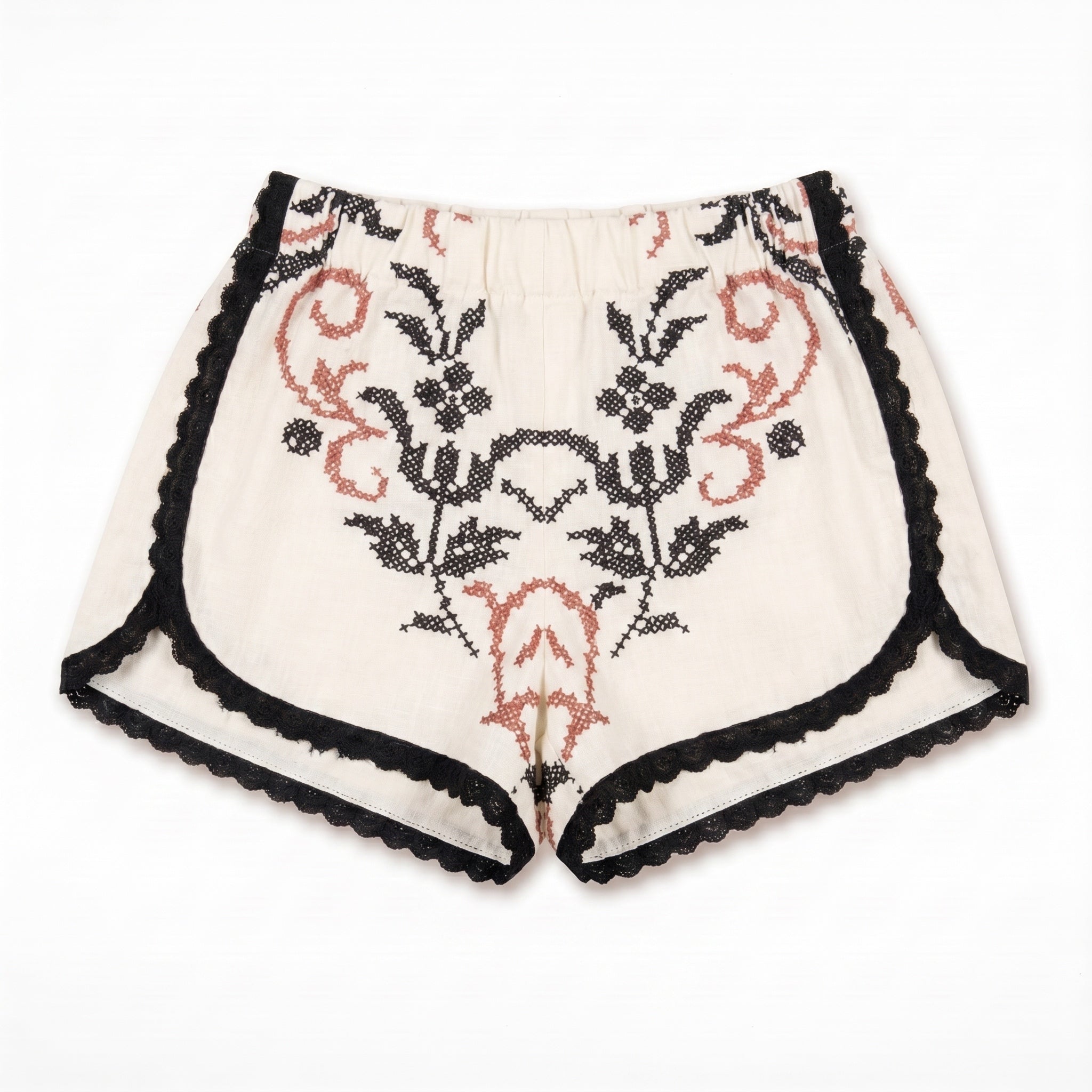 Shorts Vespro DELAMIA in lino panna con ricamo a punto croce nero e accento terracotta — vista frontale