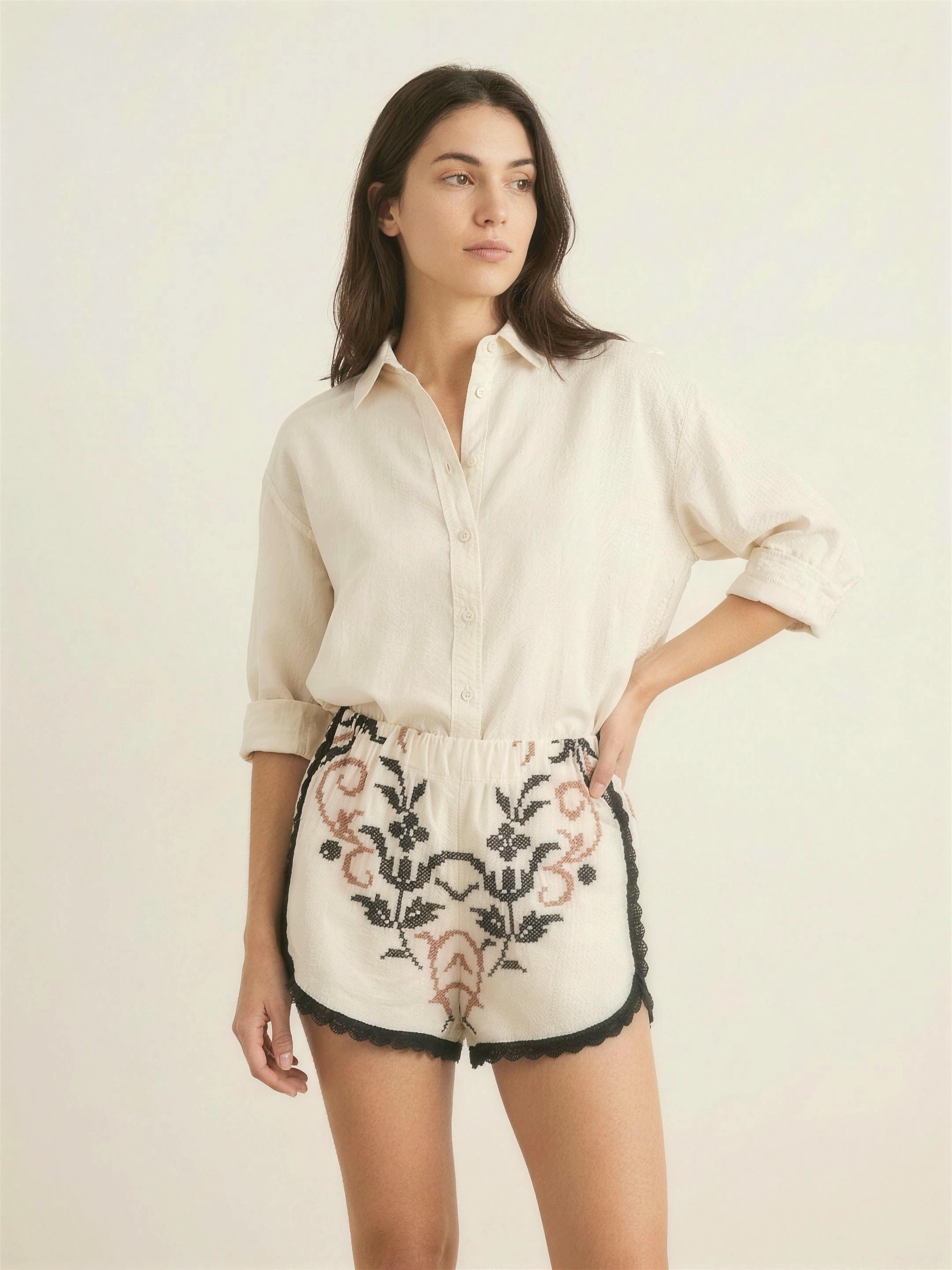 DELAMIA Rare Collection — shorts Vespro ricamato, tile home
